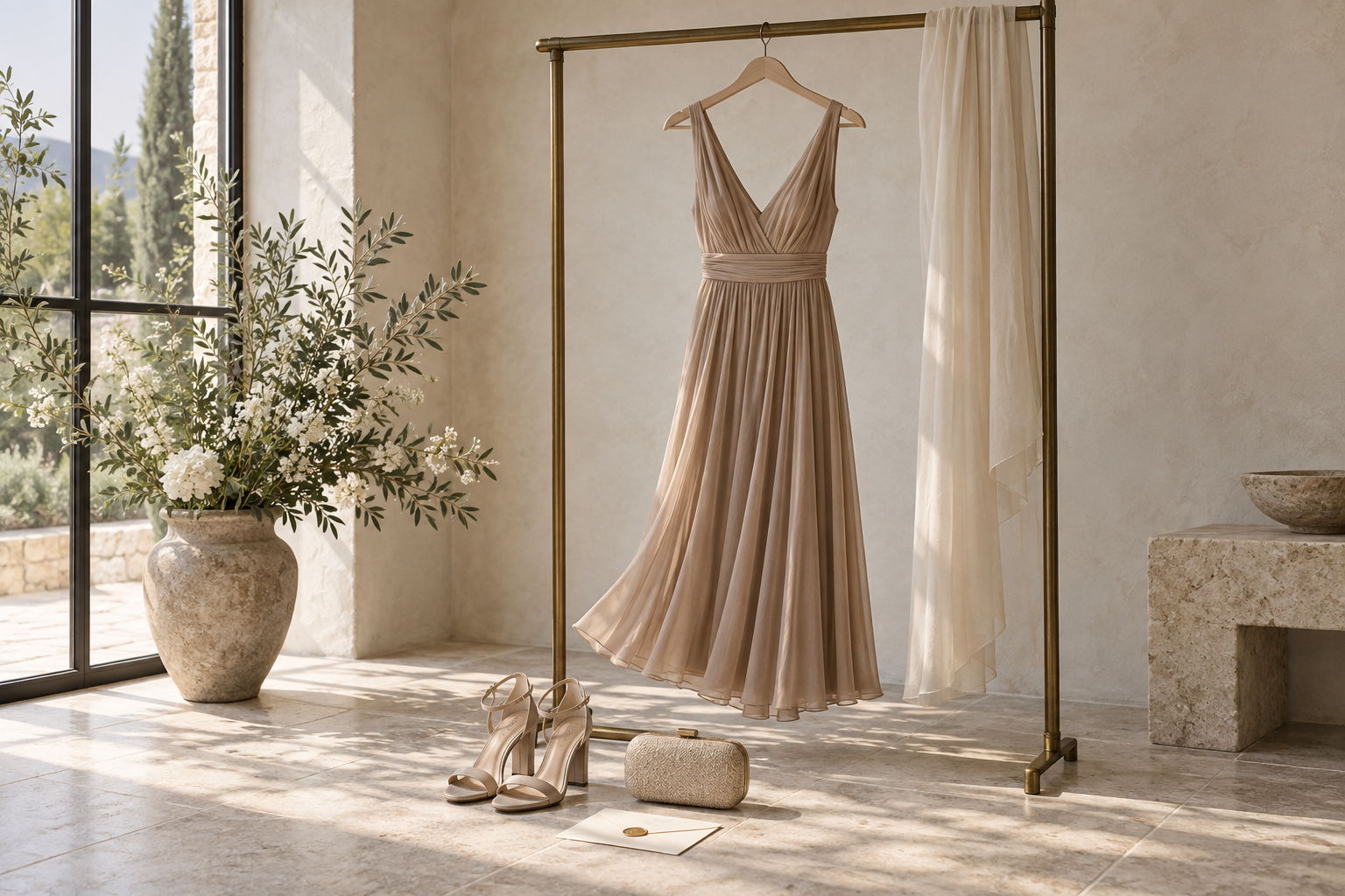 Light summer dress prepared for a wedding guest outfit
