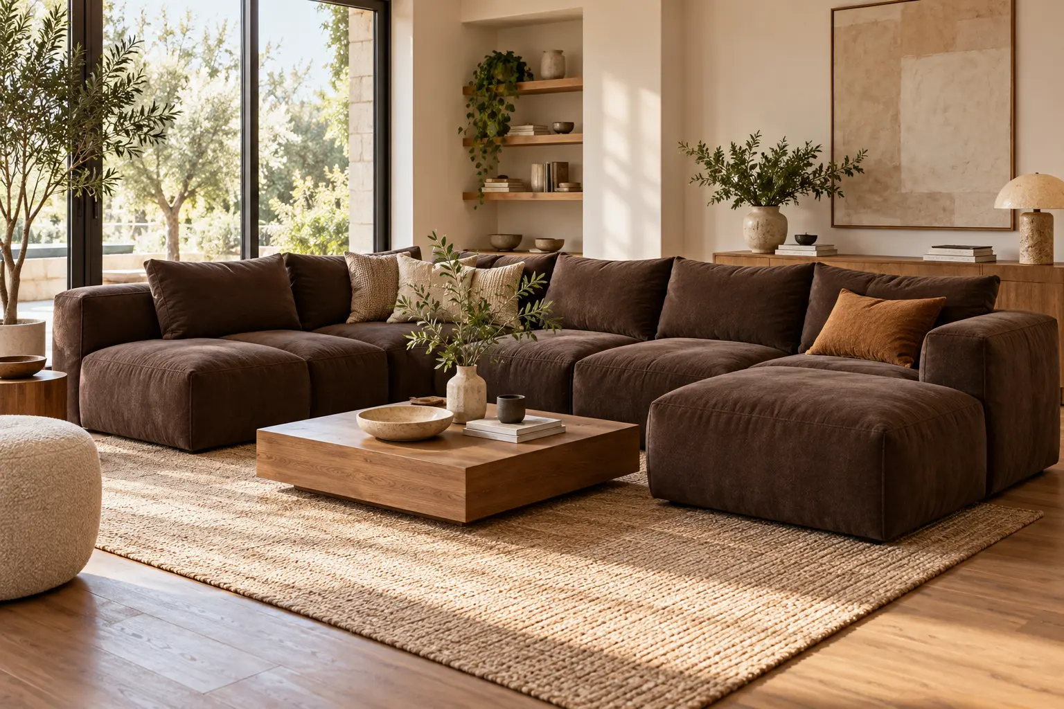 Brown modular cloud-style sectional arranged for relaxed living-room seating