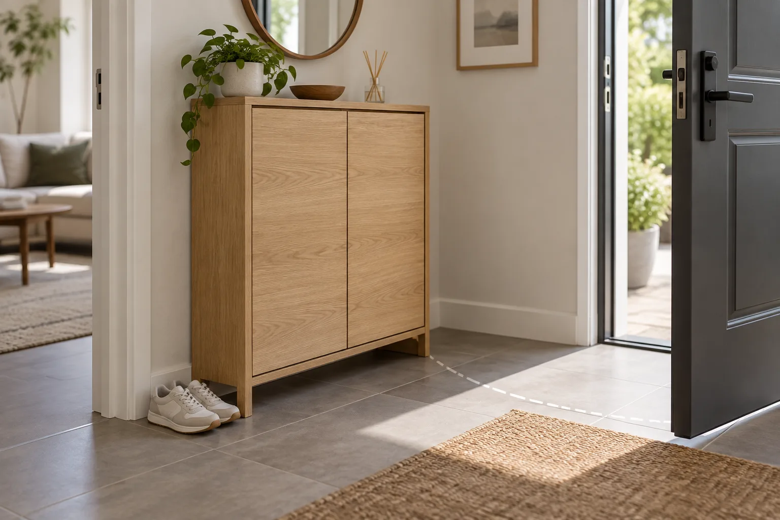 Compact storage furniture in a bright entryway