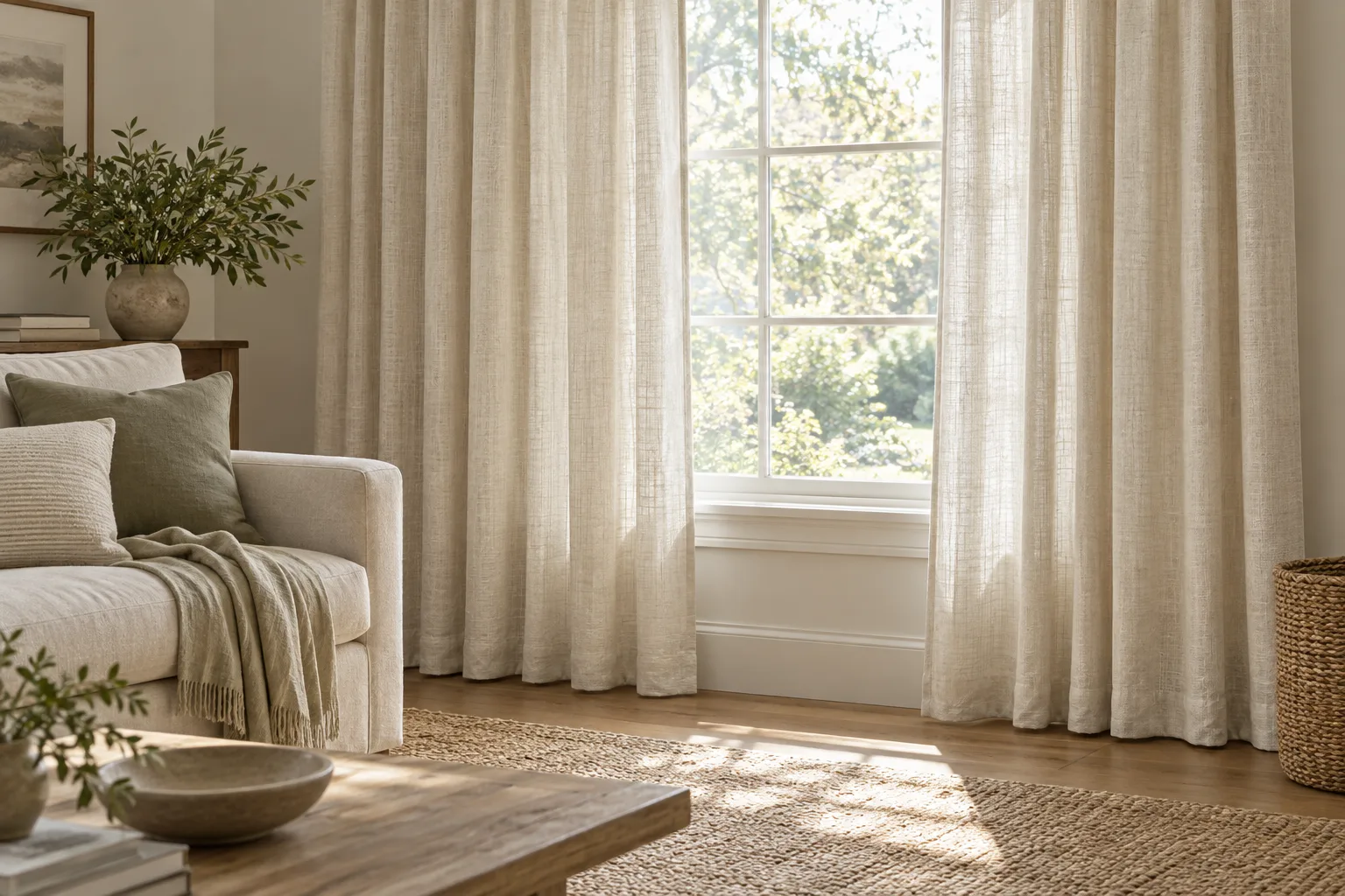 Layered curtains framing a quiet bedroom window