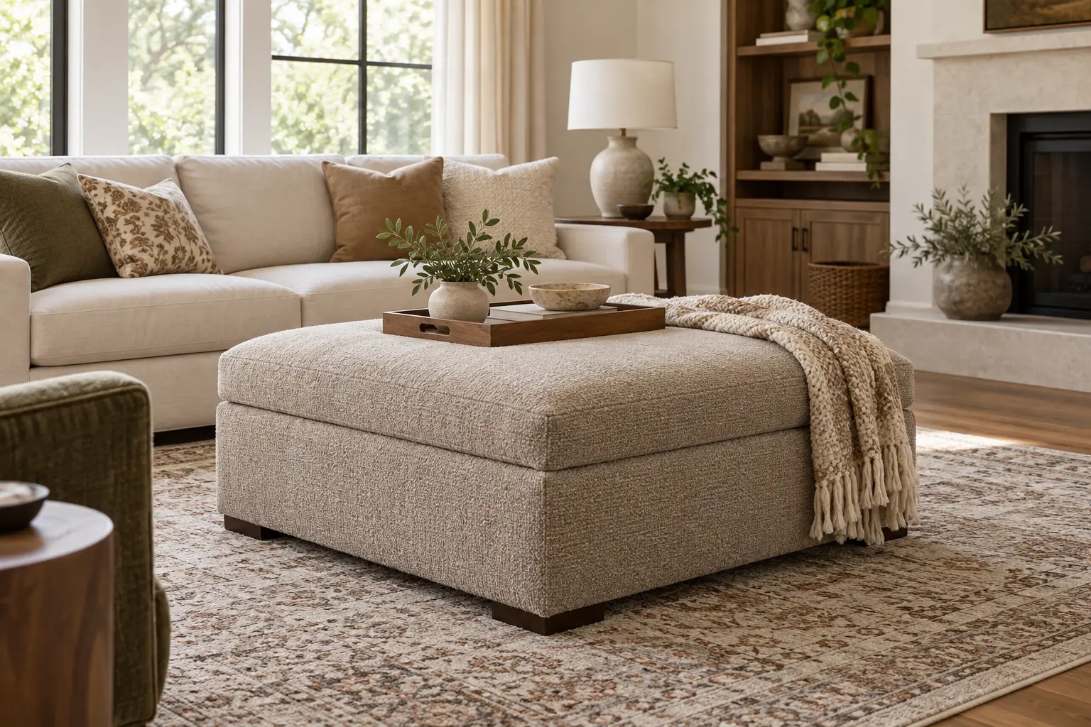 Oversized square storage ottoman centered in a practical living room