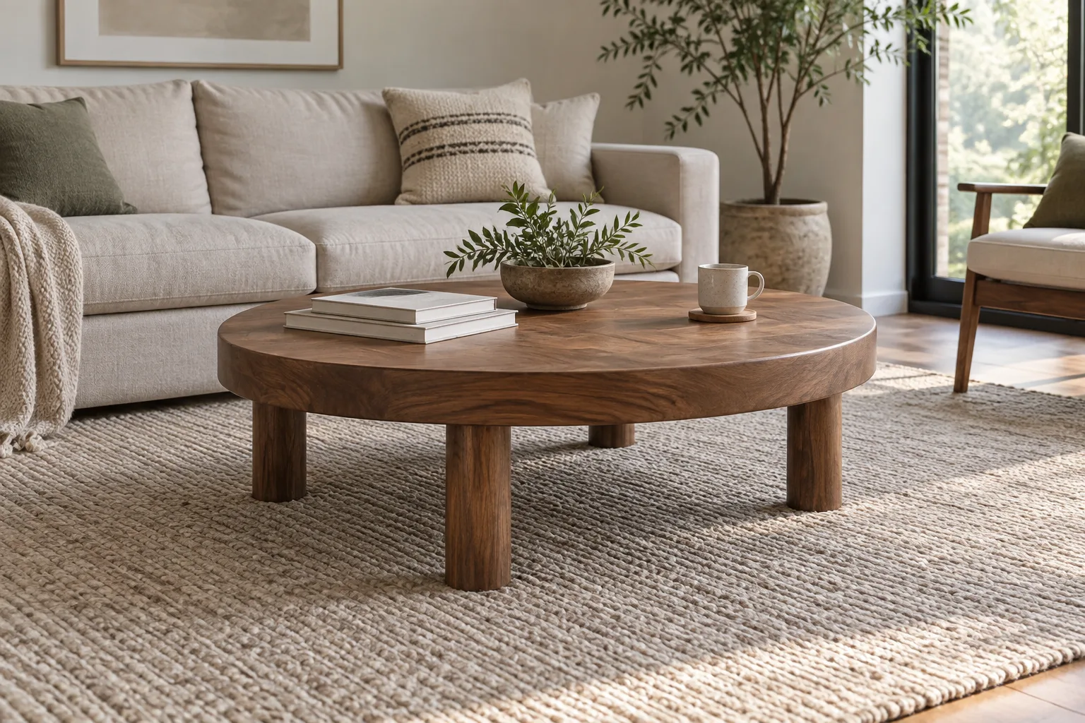 Round coffee table proportioned for a compact living room