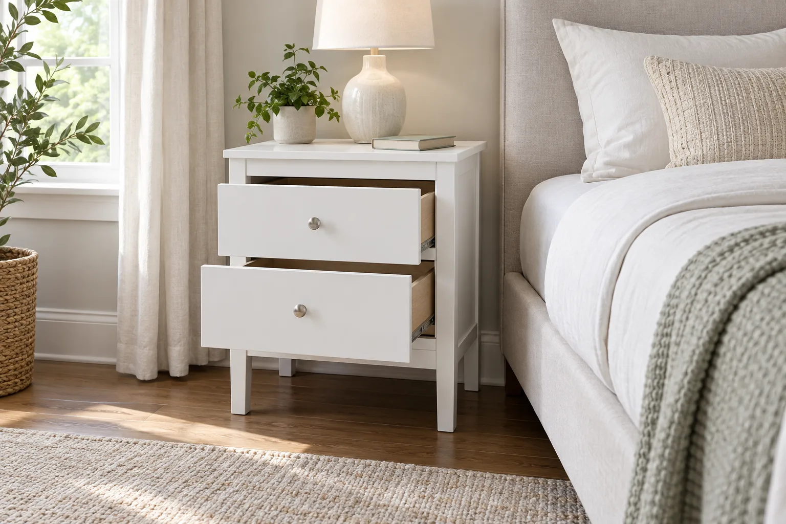 Small nightstand styled beside a bed